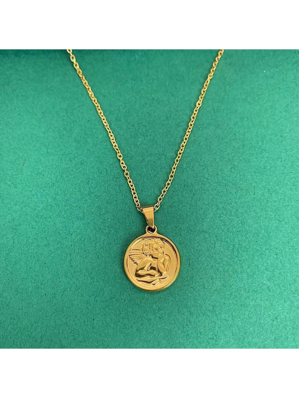 Cute Baby Angel Stainless Steel Gold Plated Circle Pendant necklace. 17.5 - Picture 6 of 7